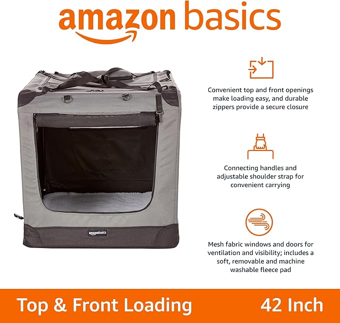 Amazon Basics Portable Foldable Soft Pet Dog Crate Carrier Kennel with Mesh Windows, Ventilation, Pockets for Large Dogs, 42 x 31 x 31 inches, Grey - Image 2