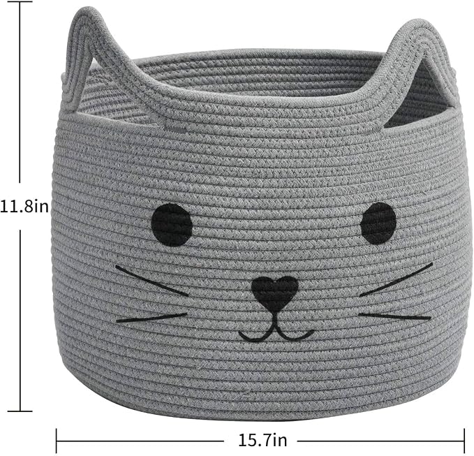 Large Woven Rope Cat Toy Basket with Cat Face Design, Grey | 15.7" x 11.8" Toy Bin & Box for Living Room Nursery, Baby Storage Basket for Towels, Blankets, with Sturdy Handles - Image 4