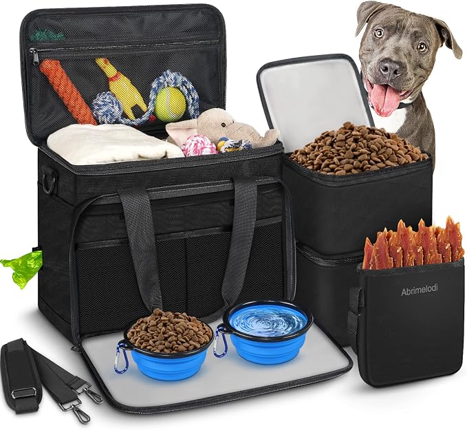 6 Set Dog Travel Bag, Large Pet Travel Kit for Supplies, Black | Includes 2 Food Containers, 1 Pet Organizer for Dogs, 2 Collapsible Bowls, 1 Treat Pouch, Dog Weekend Overnight Bag Luggage by Abrimelodi