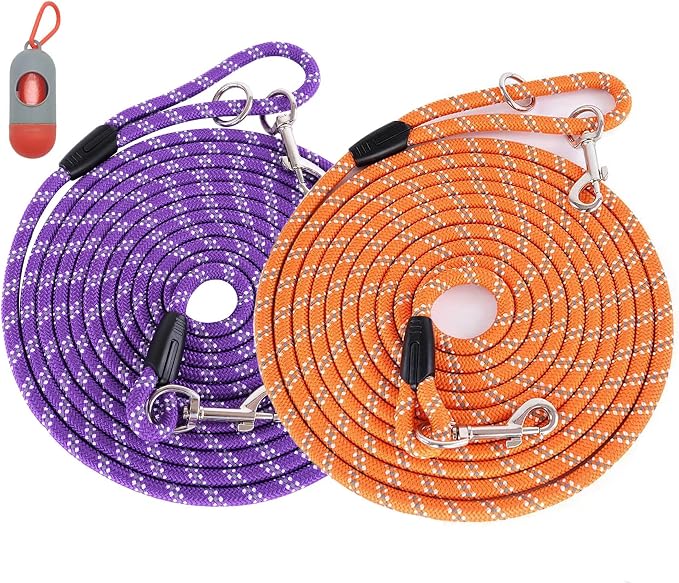 (2 Pack) Long Dog Leash for Dog Training 15FT/30FT/50FT, Dog Rope Leashes with Reflective Thread for Large Medium Small Dogs, Dog Tie-Out Cable Lead for Hunting, Camping&Backyard by Lanwandeng
