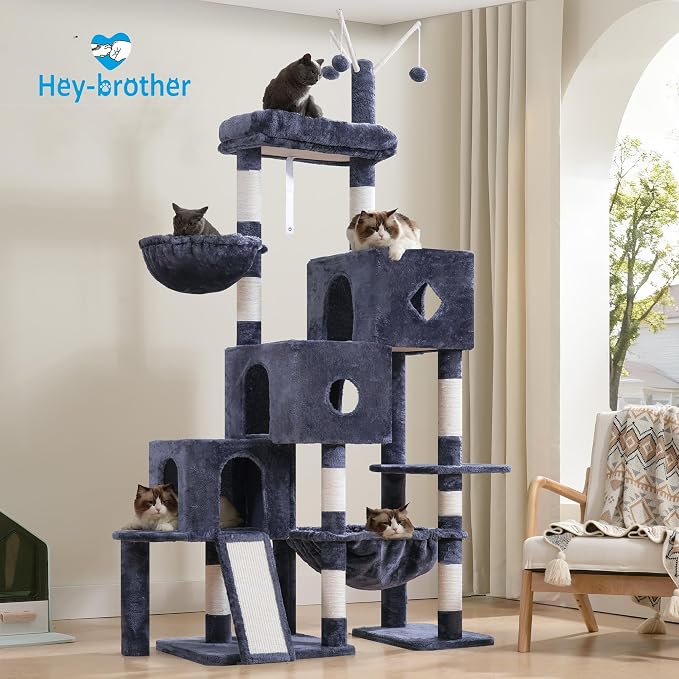 Hey-brother Cat Tree Tower with 3 Condos, Step Climbing Pathway MPJ081G | 74.8 Inches Scratching Post with 3 House, Hammock, Large Basket, Cozy Bed, Sisal Board, Toys for Big Indoor Cats, Smoky Gray - Image 8