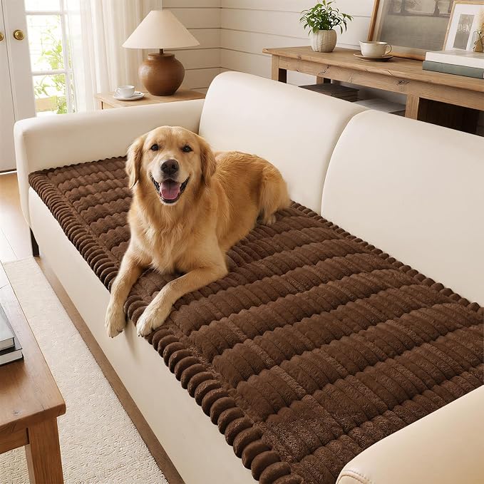 decorUhome Couch Cover for Dogs, Non Slip Fuzzy Thick Pet Sofa Protector | Pet Friendly, Machine Washable, Fits 4-Cushion Sofa, Protects Against Pet Hair, Scratches & Daily Messes, Brown, 27.6" x 88" by decorUhome