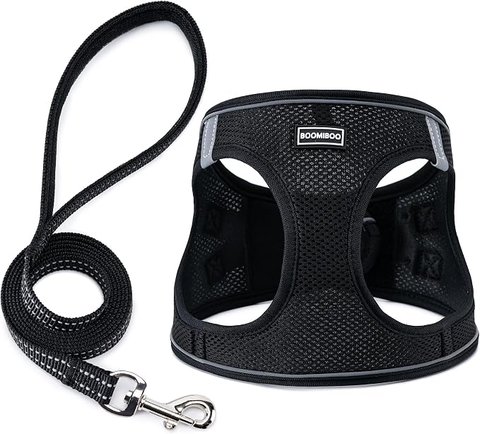 Dog Harness with Leash Set, Step-in Adjustable Puppy Pet Vest, Black XS | Lightweight Breathable Air Mesh, Night Safety Reflective, No Pull Puppy Vest Harnesses for Small Medium Large Dogs, Cats by BOOMIBOO