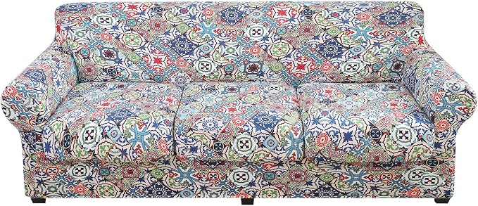 hyha Stretch Couch Covers, Sofa Cover for 3 Cushion Couch Pet Friendly | Floral Pattern, Printed, 4 Pieces, 3 Separate Cushion Sofa, Durable Anti-slip Washable Protector with Elastic Bottom for Dogs by hyha