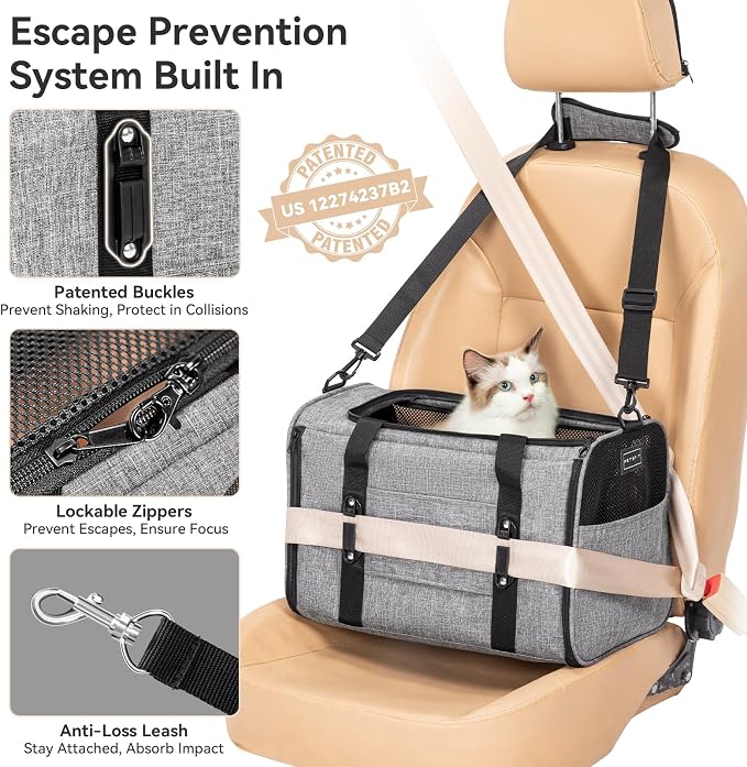 PETSFIT Cat Carrier Soft with Patented Safety Buckles,Safe for Car Travel | Lockable Zippers, Safety Tether, Escape-Resistant Pet Carrier for Vet Visits, Airline Approved Under-Seat, Up to 12 lbs - Image 3