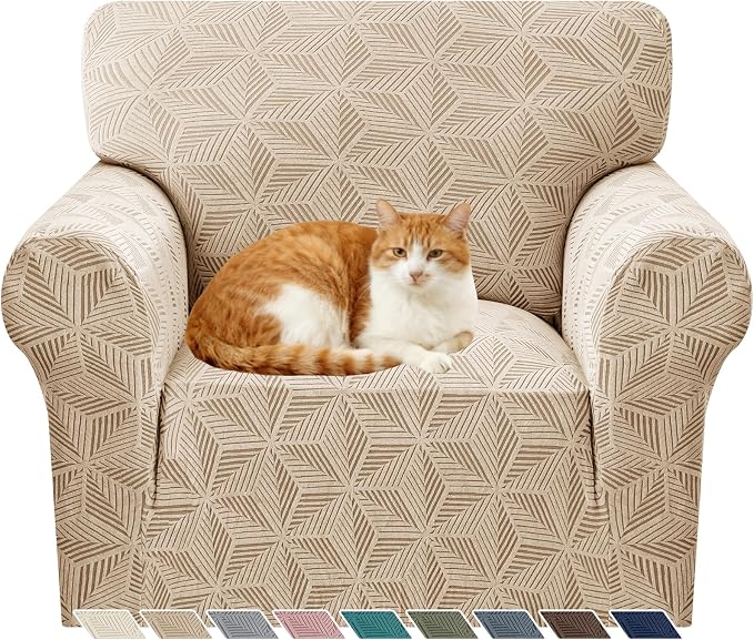 YEMYHOM 1 Piece Stretch Chair Sofa Slipcovers Couch Covers for 1 Seat, Jacquard Armchair Covers with Non-Slip Elastic Bottom, Thickened Furniture Protector for Dogs Pets kids (Small, Khaki） by YEMYHOM