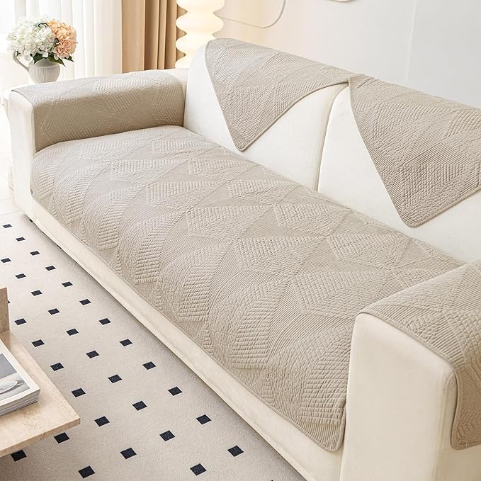 vctops Cotton Quilted Couch Covers for Sectional Sofa (Khaki,36"x82") | Geometric Washable Non Slip Sofa Slipcover for Dogs, Children, Pets Furniture Protector Cover - Image 5