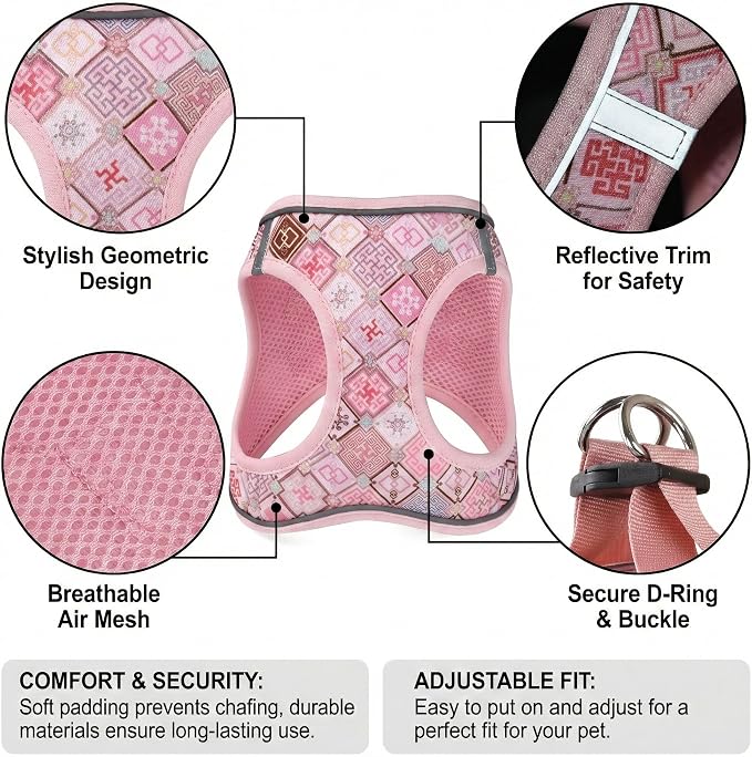 Mihqy Step in Dog Harness and Leash Set, Soft Breathable Mesh, Pink Grid,XS | Reflective, Adjustable No Pull Harnesses for Small Dogs Puppy and Cats, Lightweight Vest Harnesses, Fashion Floral Design - Image 2