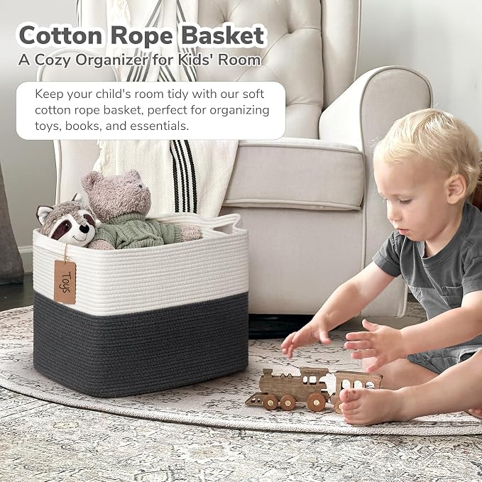 Goodpick 50L Large Woven Rope Storage Basket, Rectangle, Dark Gray | 18" × 14" × 12" Decorative Gift Basket for Living Room & Nursery Organization, Fits Blanket & Toy Storage, Writable Label - Image 2