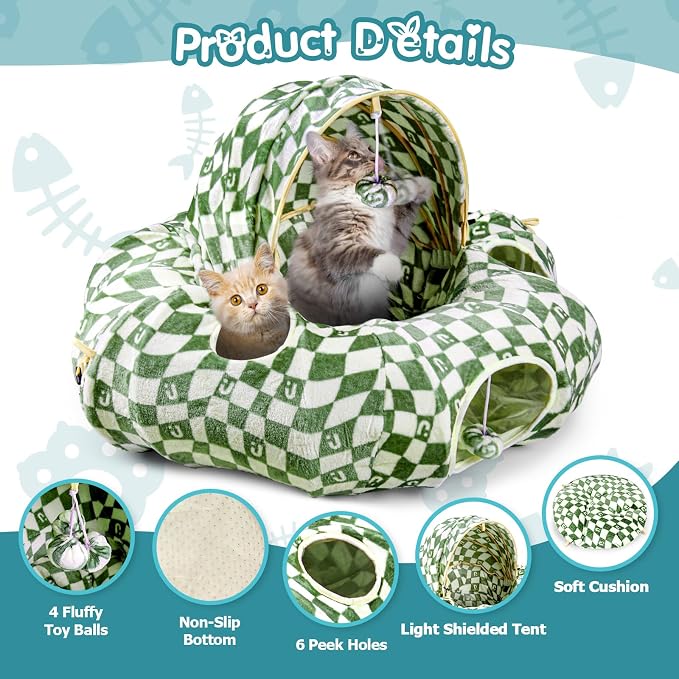 Cat Bed and Tunnel Toy - Cat Donut with Straight Tunnel, Washable Cushion, 4 Hanging Balls, 6 Peek Holes, Collapsible, Green - Image 4