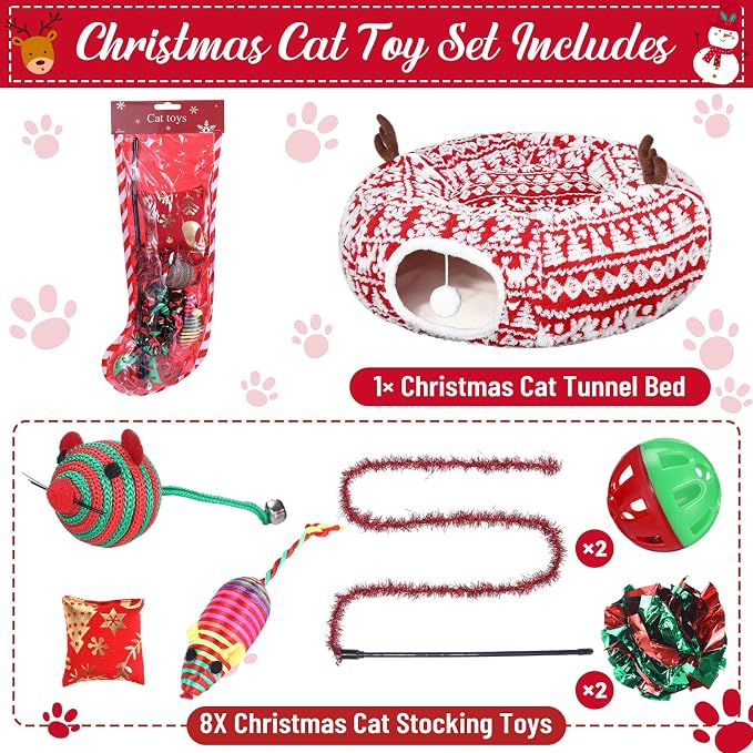 Dansydaisy Cat Tunnel Christmas Tree Skirt, Snowflake Deer Cat Tunnel Bed with Toys, Hanging Ball Plush Washable Cushion and Dangling Balls 3FT Peekaboo Playground for Small Medium Rabbit Xmas Decor - Image 3