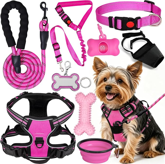 No Pull Dog Harness Adjustable Collar & Leash Set - Dog Halter Harnesses Collapsible Bowls & Poop Bag Dispenser Muzzle ID Tags Toys Fits Small Medium Large Dogs (Pink-S) by Unknown
