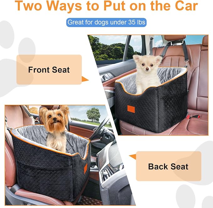 XIEEAOZEE Dog Car Seat for Small Dogs, Memory Foam Booster Dog Seat for Dogs up to 35 lbs, Elevated Pet Car Seat with Washable Removable Cover, Storage Pockets(Black/Gray) - Image 5