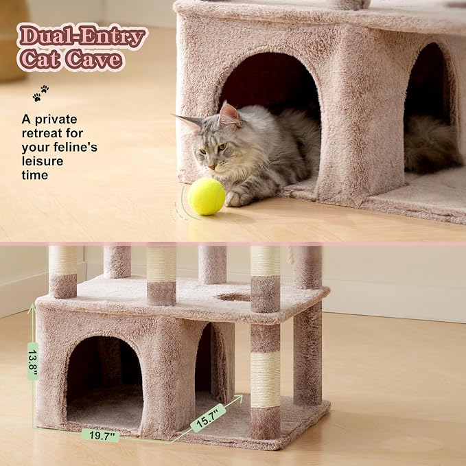 Heybly Cat Tree, 71-Inch Tall Cat Tower for Large Maine Coon Cats HCT037MU | Cat Condo Furniture with Extra-Large Baseboard, Multi-Level Platforms, 2 Hammocks and 12 Scratching Posts, Rosy Brown - Image 6
