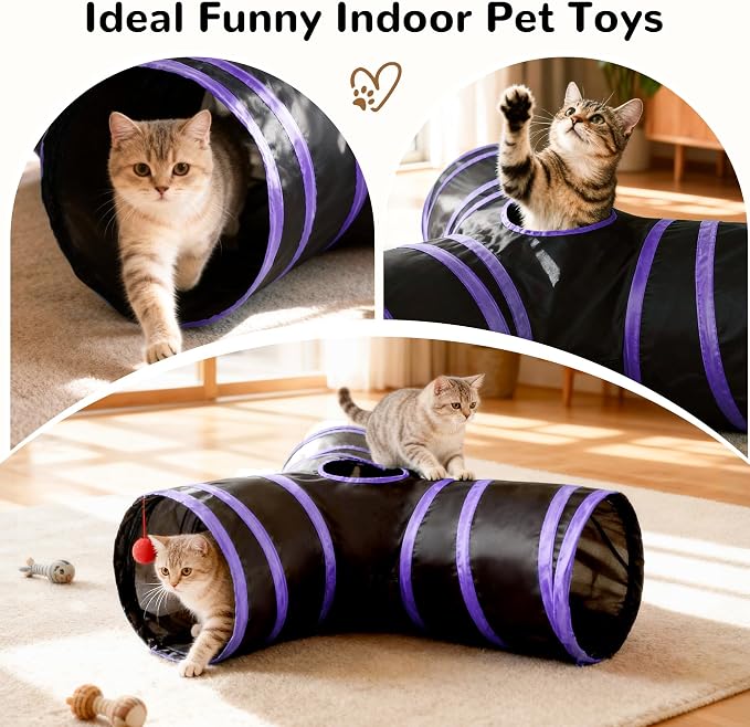 Tempcore Cat Tunnel for Indoor Cats, 3 Way Collapsible Pet Play Tunnel with Teaser Wand, Peek Holes & Hanging Ball, Interactive Tube for Kittens & Rabbits, Black & Purple - Image 8
