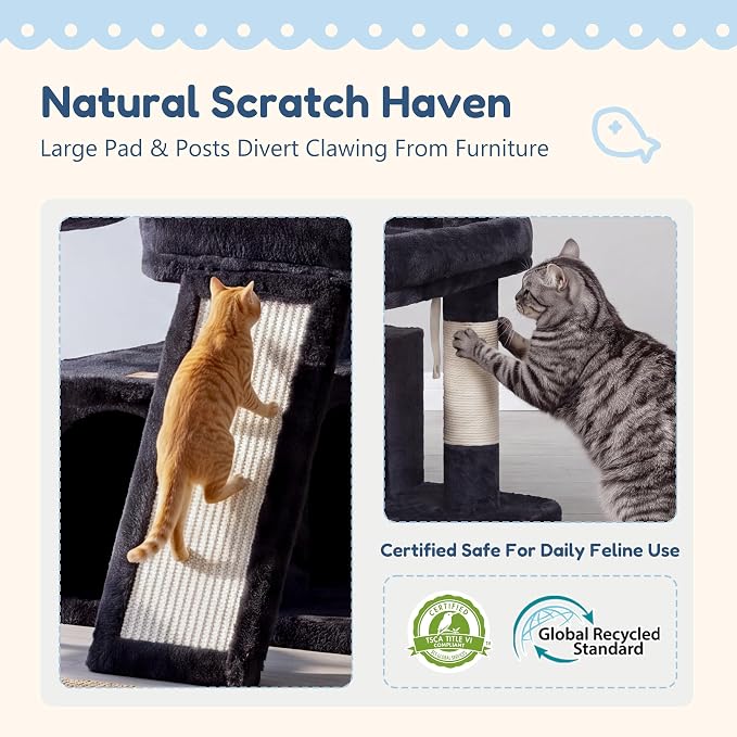 Heybly Cat Tree, Multi-Season Stable Cat Activity Tower, HCT207SG | Wooden Top Platform Cat Tower, Soft Plush Perch, Sisal Scratching Board, Cat Basket & Cozy Kitten Cat Condo, Smoky Gray - Image 4