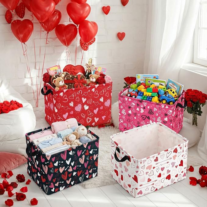 FoldTier 4 Pcs Valentine's Day Storage Baskets Empty Collapsible Valentines Basket with Handles Red Pink Black Heart Storage Boxes for Gifts Home Room Nursery Books Cloth Holiday Containers (Heart) - Image 4