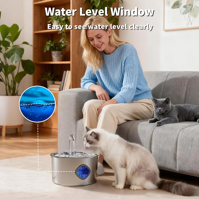 Cat Water Fountain Stainless Steel: 108oz/3.2L Cat Fountain for Drinking - Pet Water Fountains for Cats Indoor - Cat Water Bowl Dispenser - Pets Feeding & Watering Supplies - Water Level Window - Image 4