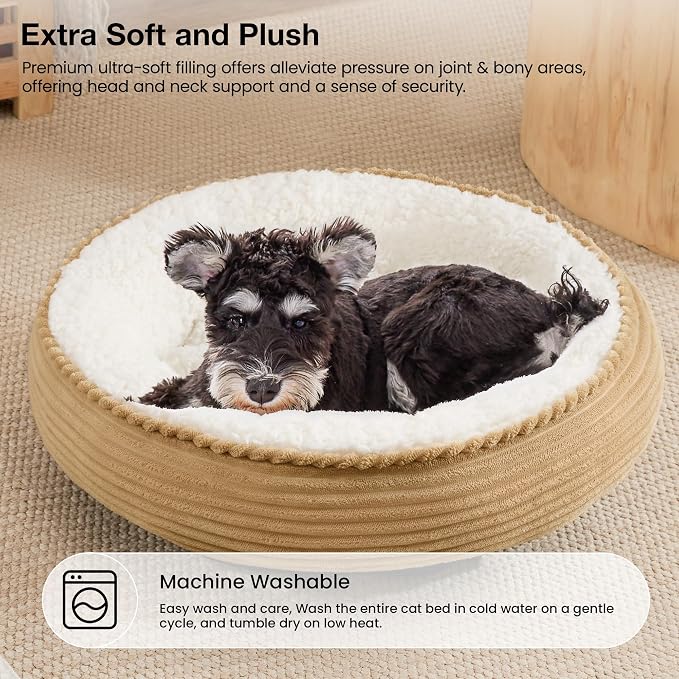 Love's cabin Round Donut Cat and Dog Cushion Bed, 24in Pet Bed for Small or Medium Dogs, Anti-Slip & Water-Resistant Bottom, Soft Durable Fabric Pet Beds, Washable Calming Cat Bed Beige - Image 7