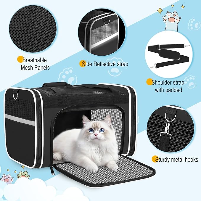 HUANLANG Large Cat Carrier Soft Sided Travel Pet Carrier Airline Approved | Dog Carriers for Small Dogs Medium Cats,Collapsible,3 Storage,zipper lock,Reflective strips,Luggage Strap,Up to 15 Lbs, Black - Image 2