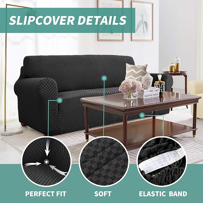 YEMYHOM Couch Cover Latest Jacquard Design High Stretch Sofa Covers for 3 Cushion Couch, Pet Dog Cat Proof Slipcover Non Slip Magic Elastic Furniture Protector (Large, Black Checkered) - Image 3
