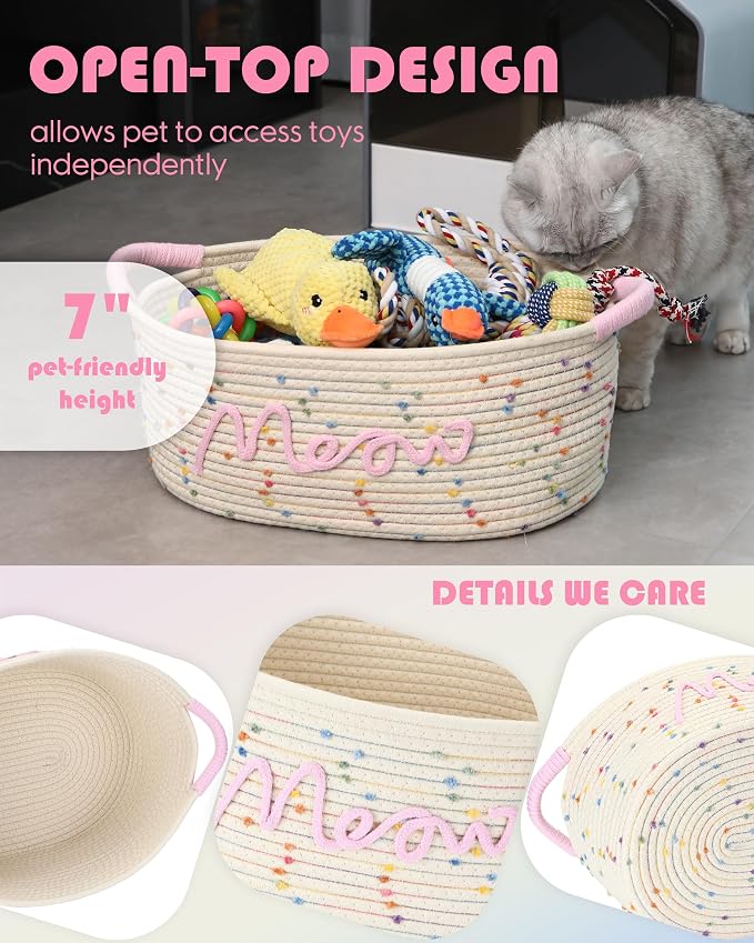 Sea Team Cat Toy Storage Basket with Handles, Rainbow Meow | Large Cotton Rope Storage Bin, Shelf Basket, Organizer for Pet Chew Toys, Foods, 16.5 x 11 x 7 Inches, 4.4 Gallons - Image 5
