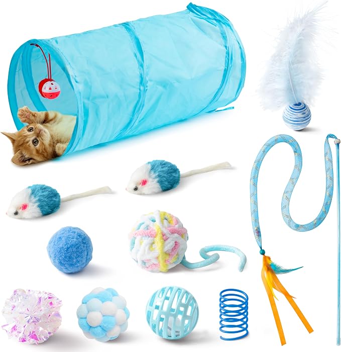 MALLMALL6 Cat Toy Set Interactive Cat Toys 11Pcs Pack with Foldable Tunnel, Feather Teaser Wand, Springs, Mice, Crinkle Balls & Pet Bell Balls - Puzzle Toys for Indoor Cats - Gift (Blue) by MALLMALL6