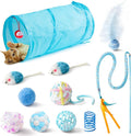 MALLMALL6 Cat Toy Set Interactive Cat Toys 11Pcs Pack with Foldable Tunnel, Feather Teaser Wand, Springs, Mice, Crinkle Balls & Pet Bell Balls - Puzzle Toys for Indoor Cats - Gift (Blue) by MALLMALL6