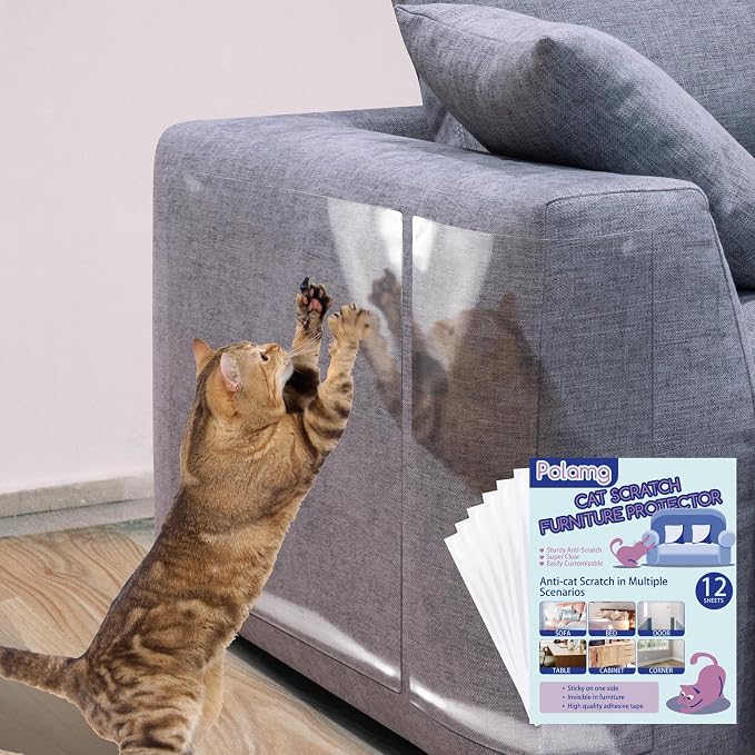 Anti Cat Scratch Furniture Protector 12-Pack Single-Sided, Heavy-Duty Self-Adhesive Tape, No Residue for Couch, Doors & Walls NO PINS by Polamg
