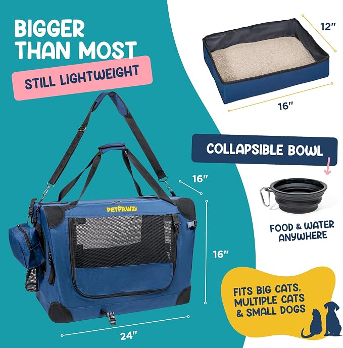 Soft Pet Carrier & Dog Carrier with Travel Litter Box & Collapsible Bowl 24x17x17 – Large Cat Carrier & Small Dog Crate for Car, Vet Visits, Home & Traveling - Image 7