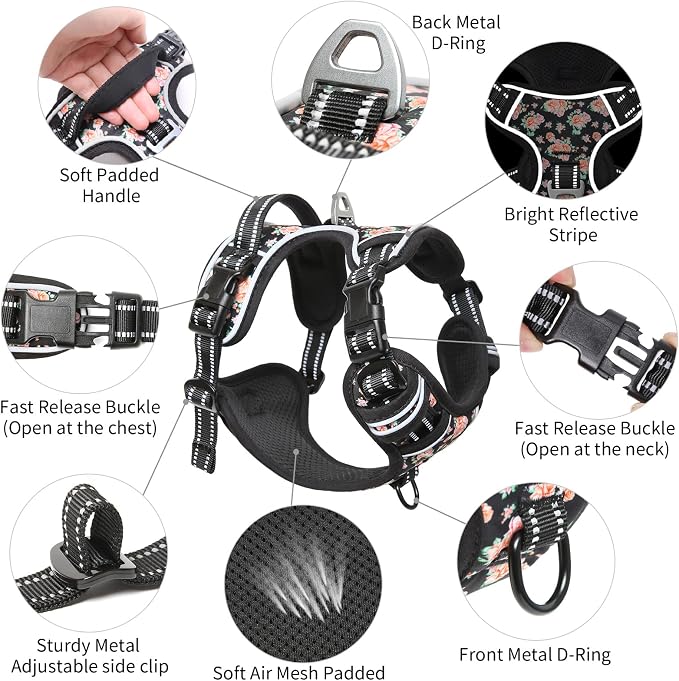Timos Dog Harness Medium Sized, Quick Release 3 Buckles, Black Rose, M | Reflective No Pull No Choke, Easy On & Off, Adjustable Soft Padded, Front & Back 2 Clips and Control Handle for Walking - Image 4