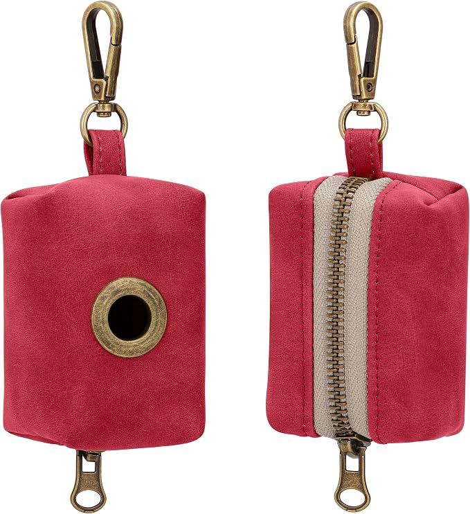 Didog Dog Poop Bag Holder for Leash, Stylish PU Leather, Red | Easy Clean for Daily Walking, Quick to Install on Leash & Harness, Easy-Pull with Metal Clip, Includes 1 Roll Pet Waste Bag - Image 2