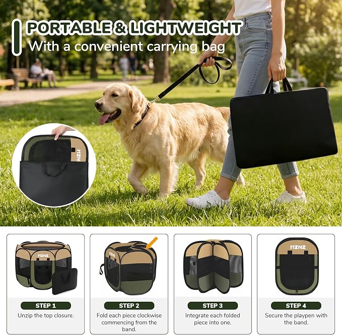Dog Cat Small Animal Puppy Playpen with Pee Pad, Large, Olive Green | Portable Pop Up Pet Cage Enclosure Tent Kennel Indoor Outdoor with Carrying Case, No Assembly, Camping Use - Image 7