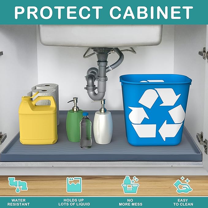 URMONA Waterproof Silicone Under Sink Mat 31'' x 22'' Shelf Liner for Kitchen and Bathroom, Cabinet and Counter Protector, Storage and Organizers, Litter Mat, Pet Cat Puppy Essentials(Dark Grey) - Image 2
