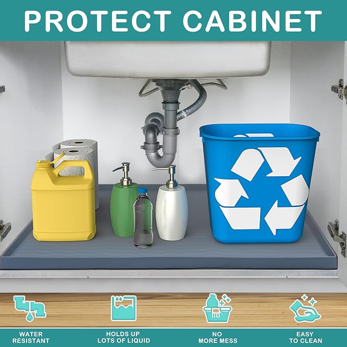 URMONA Waterproof Silicone Under Sink Mat 25'' x 19'' Shelf Liner for Kitchen and Bathroom, Cabinet and Counter Protector, Storage and Organizers, Litter Mat, Pet Cat Puppy Essentials(Black) - Image 2