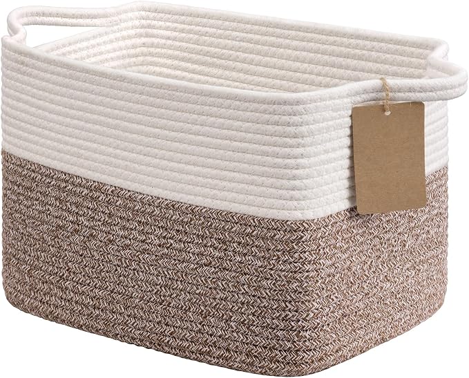 Goodpick Woven Rope Storage Basket for Shelves, Rectangle, Brown | 13" × 10" × 9" Stylish Gift Basket for Bedroom & Living Room Organization, Cotton Rope Baskets for Toys & Towels Storage by Goodpick