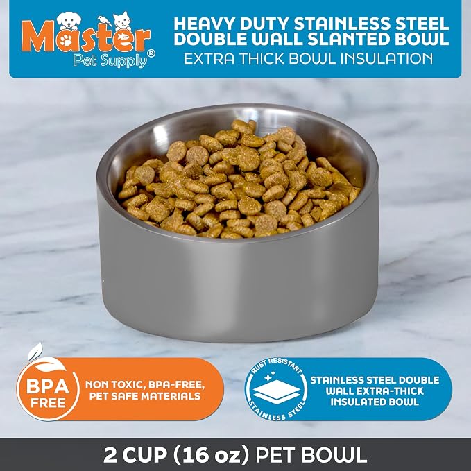 Master Pet Supply Stainless Steel Slanted Dog Cat Food Bowl 16 oz Graphite | Heavy Duty Double Wall Insulated, Non-Slip Elevated Bowl for French Bulldogs, Pugs, Cats, Anti Rust, Dishwasher Safe - Image 3