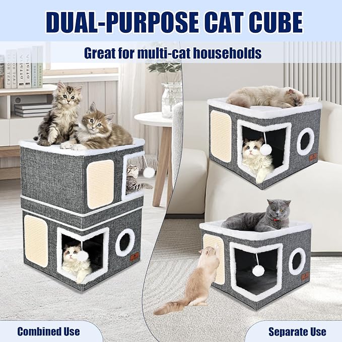2-Story Cat House for Indoor Cats, Dual-Purpose Cave Bed with Scratch Pad and Fluffy Ball, Foldable Cat Hideaway, Cute Condo Furniture for Multi Small Pet Kitten, Grey - Image 3