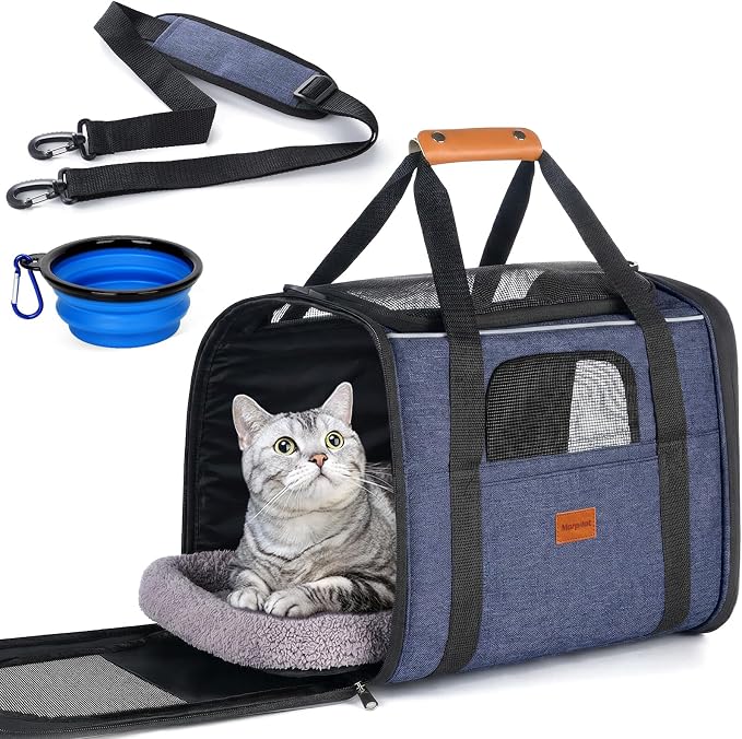 Morpilot Cat Carrier Soft for Large Medium Cats and Puppy up to 20lbs | with Dual-Sided Cushion, Secure Buckle and Foldable Bowl, Dog Carriers for Small Dogs - Pet Carrier (Dark Blue) by Morpilot