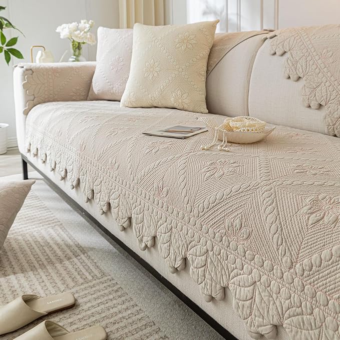 Cotton Quilted Dog Couch Cover for Sofa Farmhouse Rustic Embroidery Sectional Couch Cover Soft Anti-Slip Sofa Slipcover Furniture Protector for Kids, Pets (Khaki,43"x70") by WelcometoXSlive
