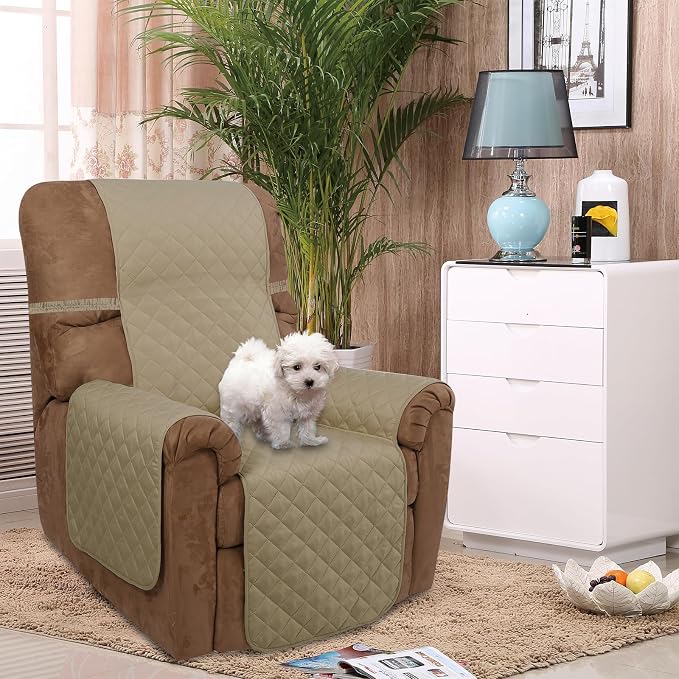U-NICE HOME Reversible Recliner Chair Covers, Light Camel/Beige | 28''Recliner Cover for dogs Washable, Pet Friendly, Elastic Straps, Water Repellent, Diamond Quilted - Image 2