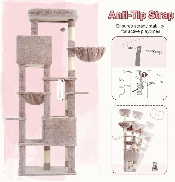 Heybly Cat Tree, 76-Inch Tall Heavy Duty Cat Tower for Big Cats HCT039MU | Multi-Level Large Cat Furniture with Extra Wide Baseboard, 2 Condos & 2 Hammocks, 10 Scratching Posts, Rosy Brown - Image 8
