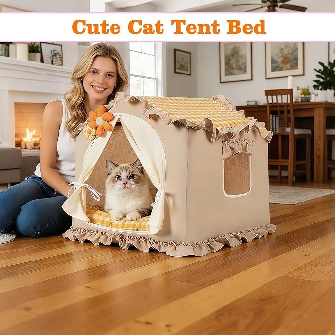 Yellow Indoor Cat House with Frame Foldable Breathable for Small Dog | Princess Style, Washable & Removable Cover, Dog House Indoor, Cute Cat Tent with Cover Cave,Medium:17"x17"x17" for 8-20 lb - Image 2