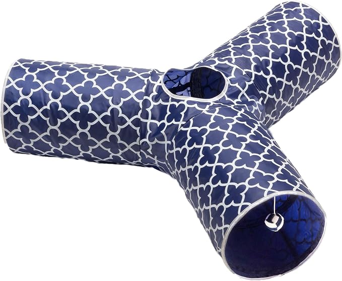 Cat Tunnel - Collapsible 3 Way Quatrefoil Play Toy - Tube Fun for Rabbits, Kittens, and Dogs - Quatrefoil Navy/White by Unknown