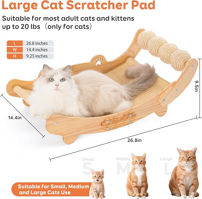 Large Sisal Cat Scratch Pad, Nartural Soild Wood Cat Scratcher Bed with Sisal Scratching Felt and 4 Balls for Indoor Cats Scratch & Lounger & Sleep (Large Size, Nature Wood) - Image 6