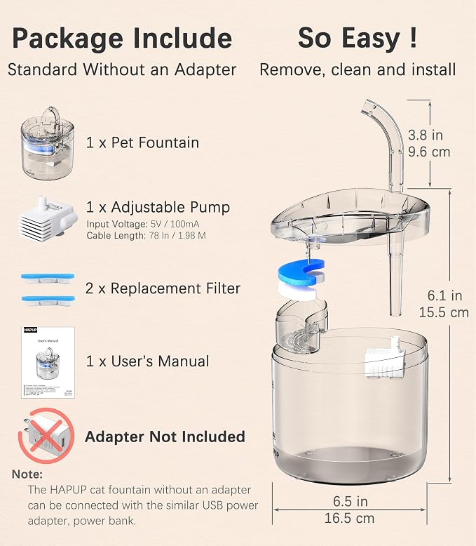 HAPUP Cat Water Fountain Animal Water Dispenser 61OZ/1.8L Automatic Pet Drinking Fountain Clear Upgrade with 2 Filter Replacement 1 Adjustable Silent 1 Water Pump for Cats Kitty Indoor - Image 6