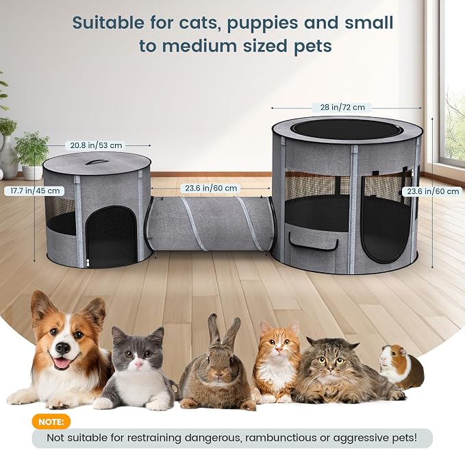 Portable Cat Playpen with Tunnel, 3 in 1 Foldable Puppy Play Pen, Waterproof Bottom, Enclosed 2-Room Separable Pet Tent for Indoor/Outdoor, Multi-Purpose Enclosure Crate Cage for Kitten Dog Rabbit - Image 7