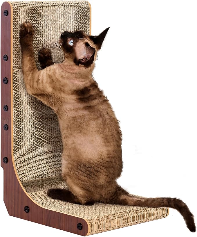 EHEYCIGA Cardboard Cat Scratcher for Indoor Cats, 19 Inch, Dark Brown | L Shaped Scratching Post, Vertical Cat Scratching Board with Ball Cat Toy, Furniture Protector, Kitten Cat Scratch Pad by EHEYCIGA