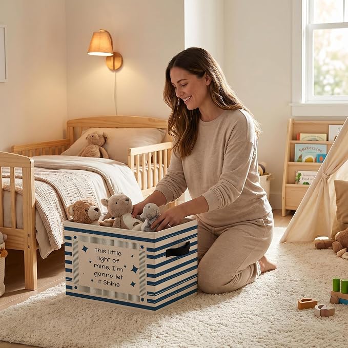 Vintage Christian Storage Bins Box, Faith Star Collapsible Organizer Basket | uplifting playful storage box basket for books clothes, navy striped organizer for nursery bedroom playroom, 10x14 in - Image 2