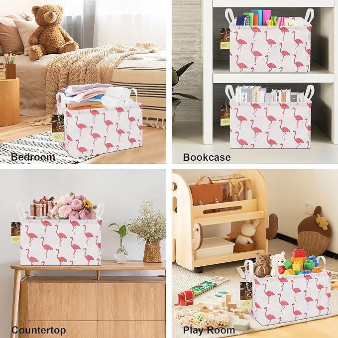 Rectangle Foldable Storage Basket Handles For Home, Flamingo | Waterproof reinforced handles, perfect for shelf use, organizes clothes, daily items and pet supplies - Image 4
